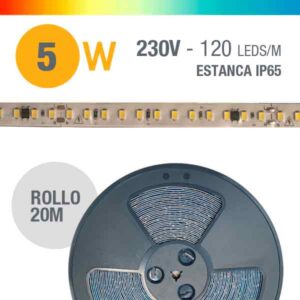 Tira LED 5W 230VAC Regulable DIM IP65 - Rollo 20 Metros