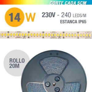 Tira LED 14W 230VAC Regulable DIM IP65 5CM-CUT Rollo 20 Metros
