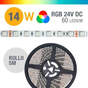 Tira LED RGB 14.4W 24V interior IP20 exterior IP67 - Rollo 5 Metros