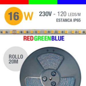 Tira LED monocolor luz roja, verde o azul - 16W 230VAC Regulable DIM IP65 – Rollo 20 Metros